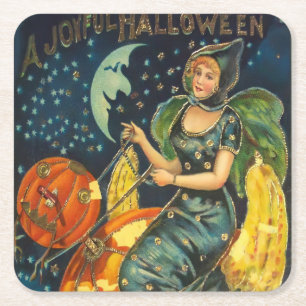 Vintage Halloween Witch Poster Square Paper Coaster