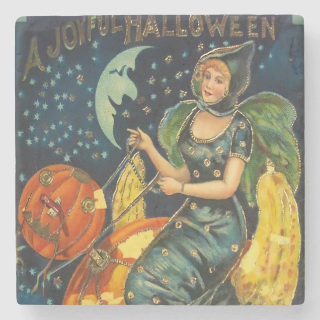 Vintage Halloween Witch Poster Stone Coaster (Front)