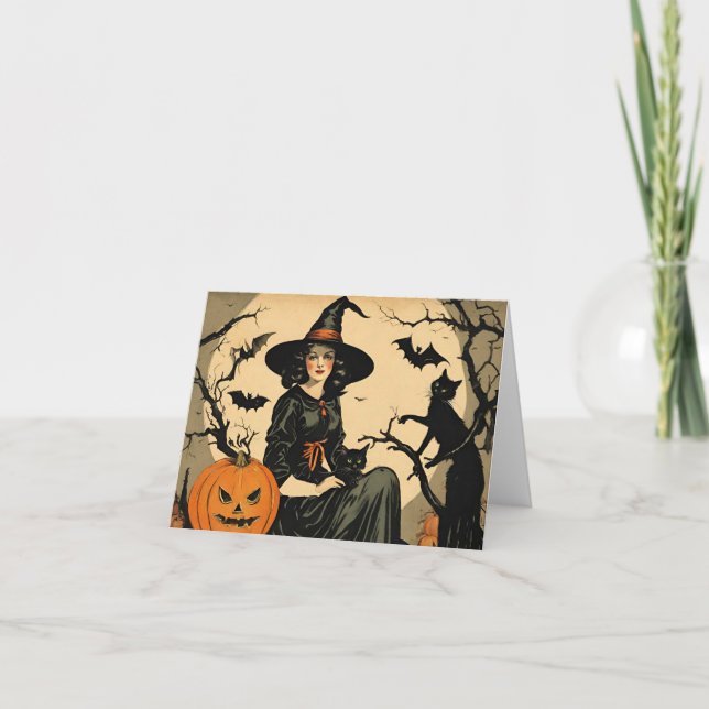 Vintage Halloween Witch, Pumpkin, Black Cat, Bats  Card (Front)