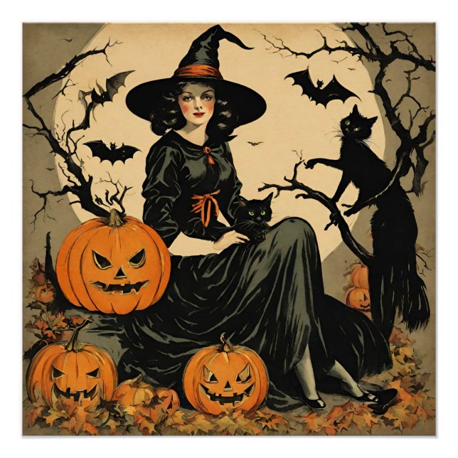 Vintage Halloween Witch, Pumpkin, Black Cat, Bats  Poster (Front)