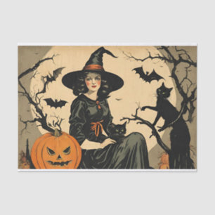 Vintage Halloween Witch, Pumpkin, Black Cat, Bats  Tissue Paper