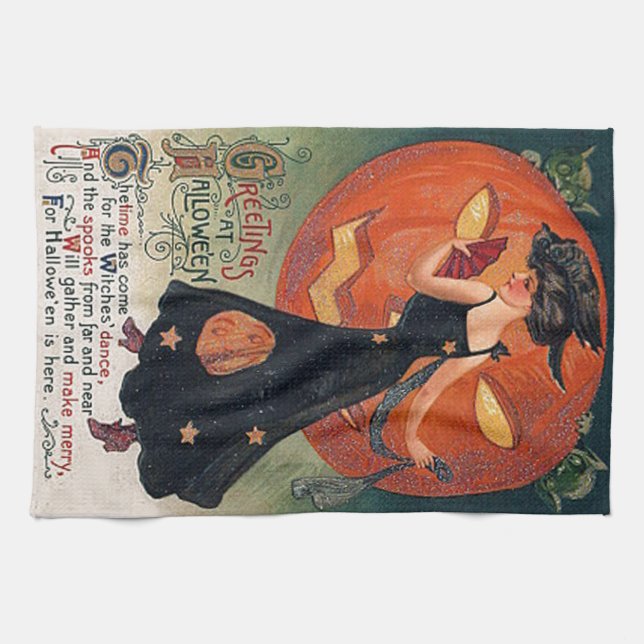 Vintage Halloween Witch & Pumpkins Kitchen Towel (Horizontal)