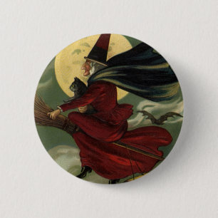 Vintage Halloween Witch Riding a Broom with Cat 2 Inch Round Button