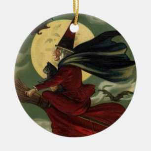 Vintage Halloween Witch Riding a Broom with Cat Ceramic Ornament