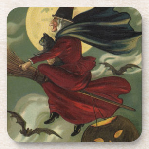 Vintage Halloween Witch Riding a Broom with Cat Coaster