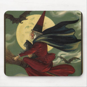 Vintage Halloween Witch Riding a Broom with Cat Mouse Pad
