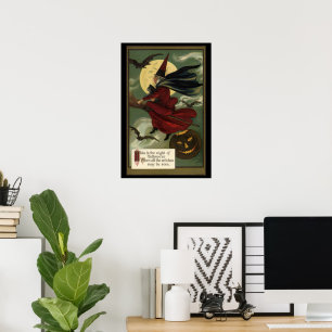 Vintage Halloween Witch Riding a Broom with Cat Poster