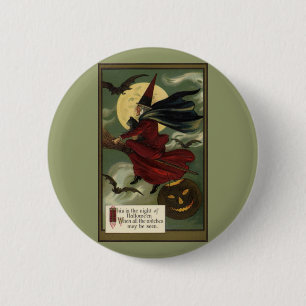 Vintage Halloween Witch Riding Broomstick with Cat 2 Inch Round Button