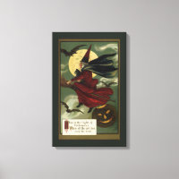 Vintage Halloween Witch Riding Broomstick with Cat