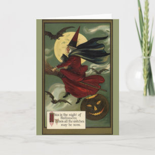 Vintage Halloween Witch Riding Broomstick with Cat Card