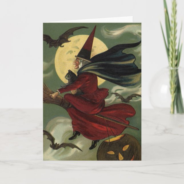 Vintage Halloween Witch Riding Broomstick with Cat Card (Front)