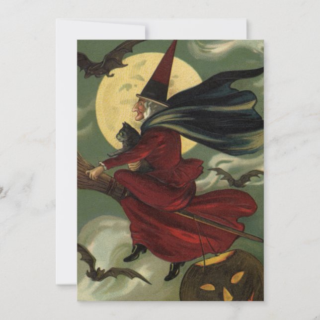 Vintage Halloween Witch Riding Broomstick with Cat Invitation (Front)