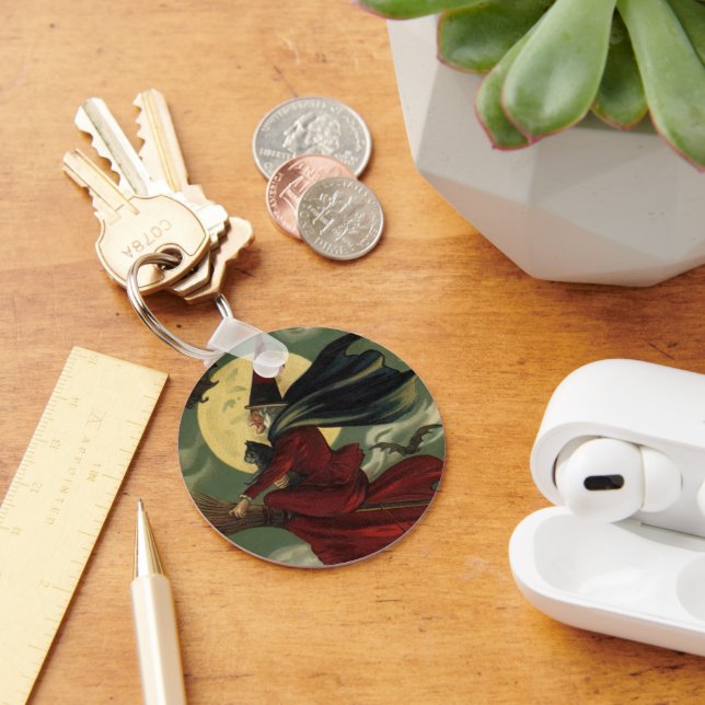 Vintage Halloween Witch Riding Broomstick with Cat Keychain (Desk)