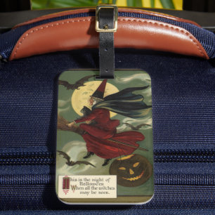 Vintage Halloween Witch Riding Broomstick with Cat Luggage Tag