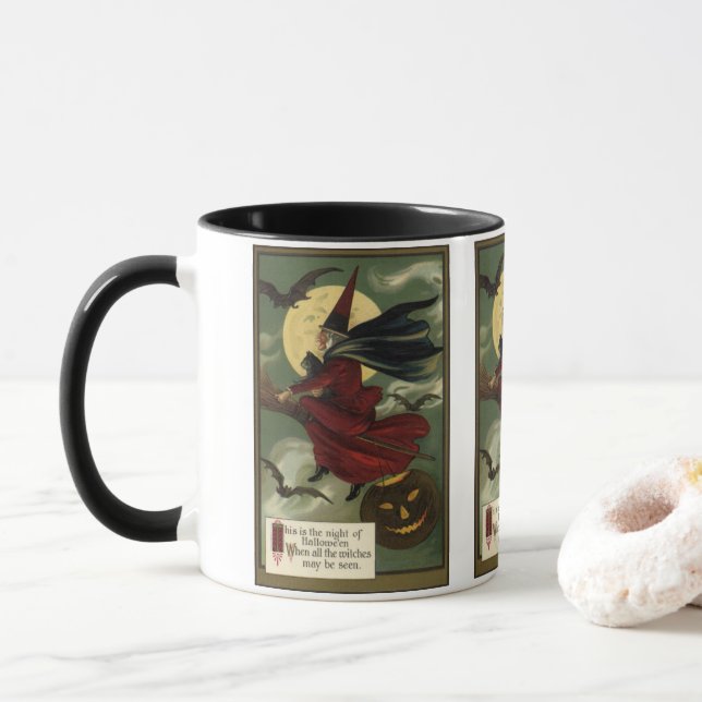 Vintage Halloween Witch Riding Broomstick with Cat Mug (With Donut)