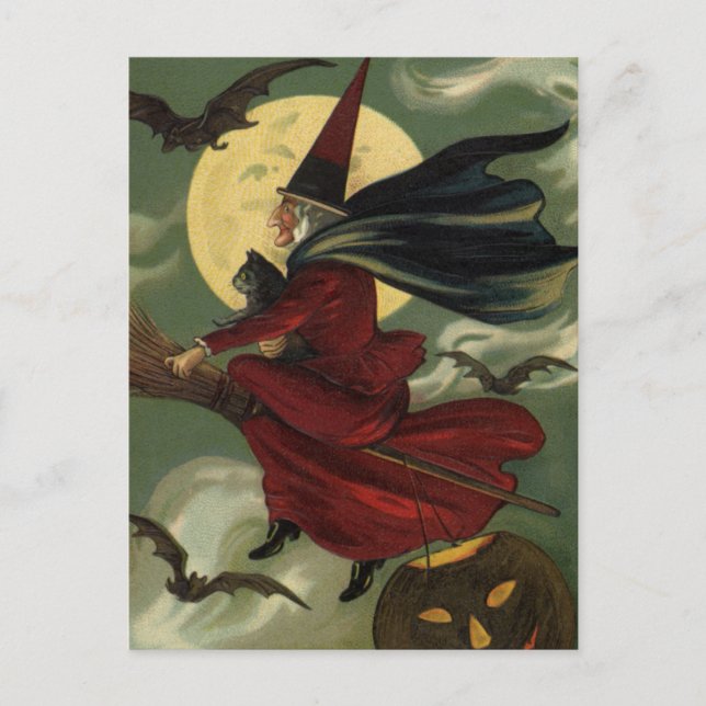 Vintage Halloween Witch Riding Broomstick with Cat Postcard (Front)