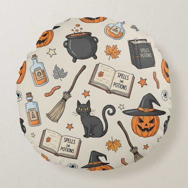 Vintage Halloween Witch Round Pillow (Front)