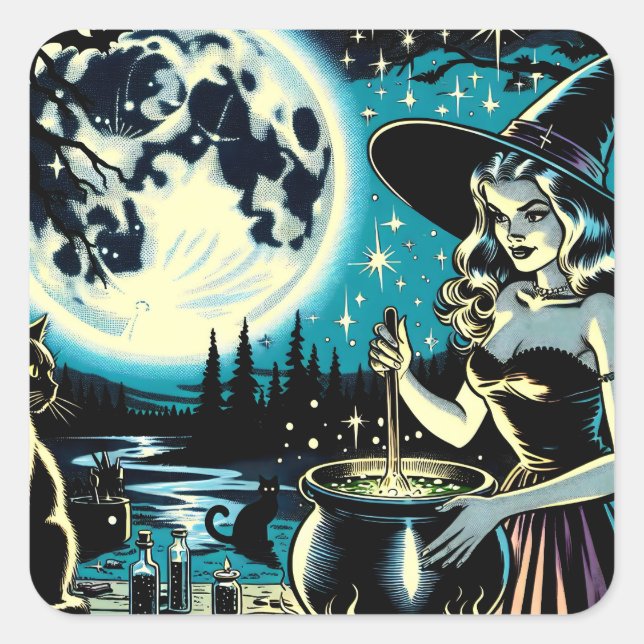 Vintage Halloween Witch stirring a Cauldron Square Sticker (Front)