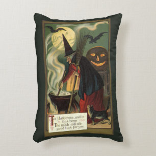 Vintage Halloween Witch Stirring Magic Cauldron Accent Pillow