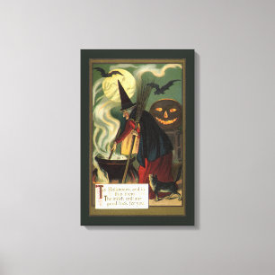 Vintage Halloween Witch Stirring Magic Cauldron Canvas Print