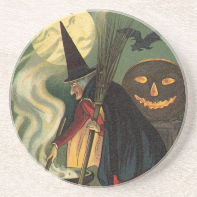 Vintage Halloween Witch Stirring Magic Cauldron Coaster (Front)