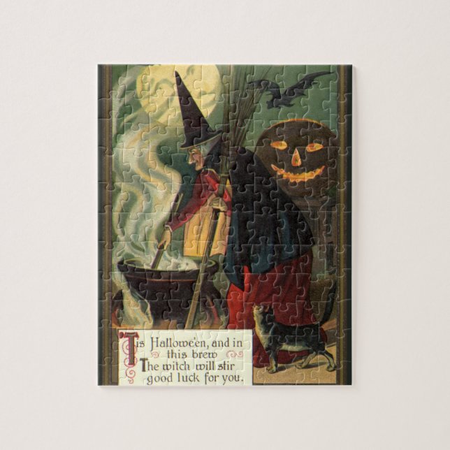 Vintage Halloween Witch Stirring Magic Cauldron Jigsaw Puzzle (Vertical)