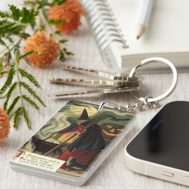 Vintage Halloween Witch Stirring Magic Cauldron Keychain (Front Right)