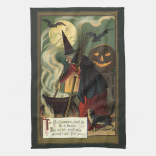 Vintage Halloween Witch Stirring Magic Cauldron Kitchen Towel