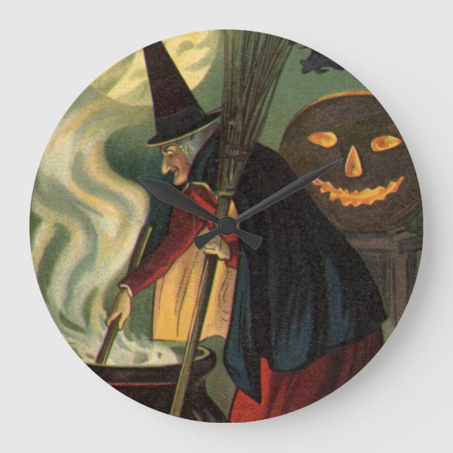 Vintage Halloween Witch Stirring Magic Cauldron Large Clock (Front)