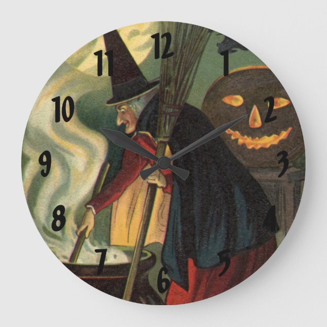 Vintage Halloween Witch Stirring Magic Cauldron Large Clock (Front)