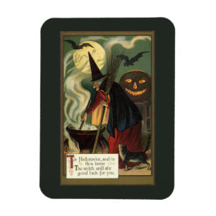 Vintage Halloween Witch Stirring Magic Cauldron Magnet