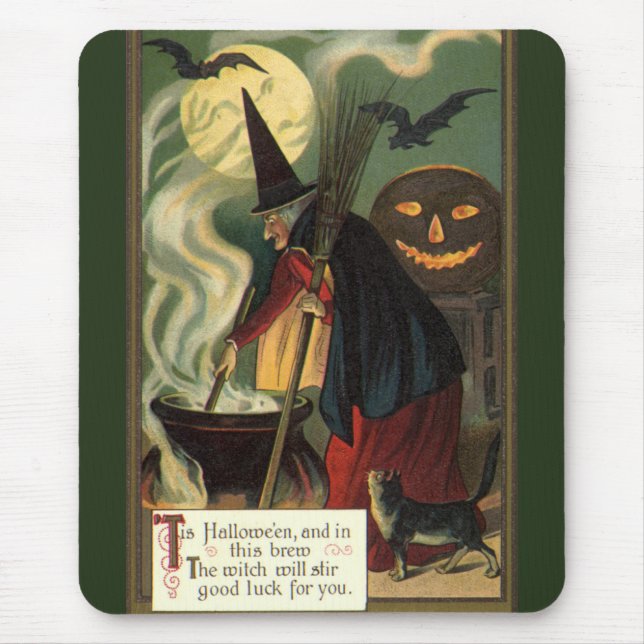 Vintage Halloween Witch Stirring Magic Cauldron Mouse Pad (Front)