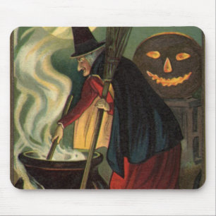 Vintage Halloween Witch Stirring Magic Cauldron Mouse Pad