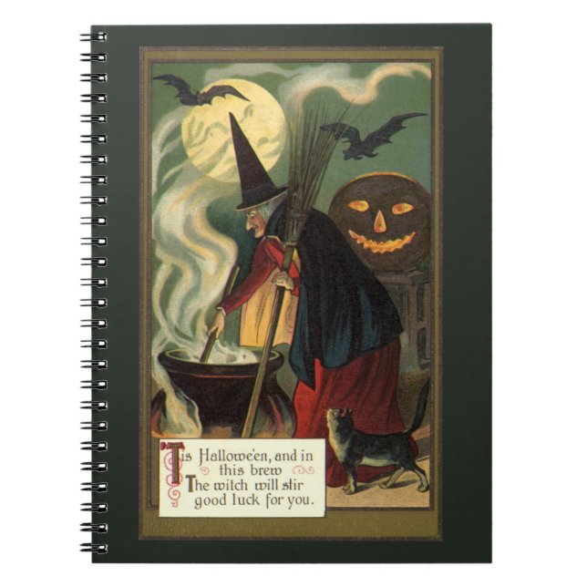 Vintage Halloween Witch Stirring Magic Cauldron Notebook (Front)