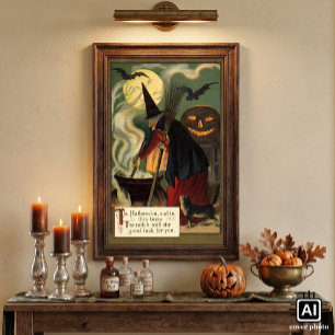 Vintage Halloween Witch Stirring Magic Cauldron Poster