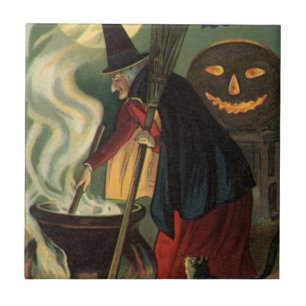 Vintage Halloween Witch Stirring Magic Cauldron Tile