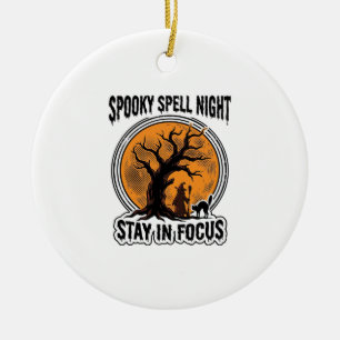 Vintage Halloween Witch Tree and Black Cat Graphic Ceramic Ornament