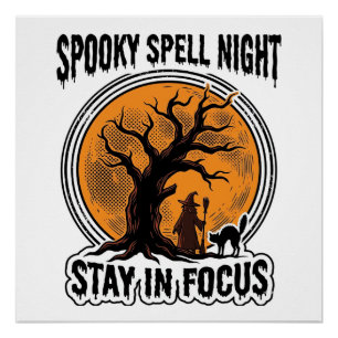 Vintage Halloween Witch Tree and Black Cat Graphic Poster