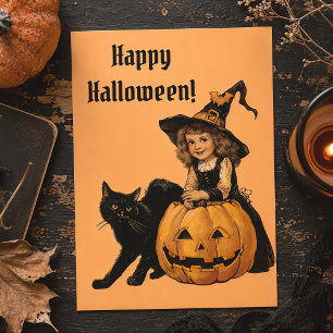 Vintage Halloween Witch with black cat and pumpkin Postcard