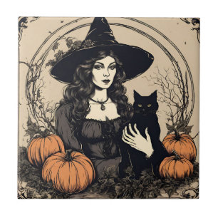 Vintage Halloween Witch with Black Cat, Pumpkins  Tile