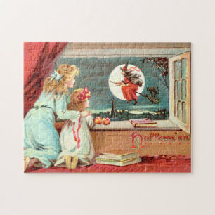 Vintage Halloween Witch with Broomstick Jigsaw Puzzle