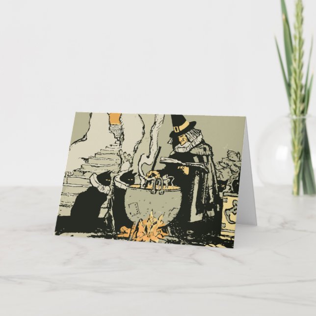 Vintage Halloween, Witch with Cauldron and Cats Card (Front)