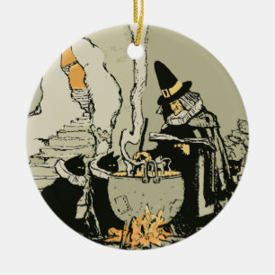 Vintage Halloween, Witch with Cauldron and Cats Ceramic Ornament