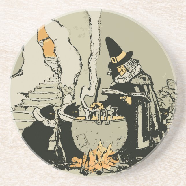 Vintage Halloween, Witch with Cauldron and Cats Coaster (Front)