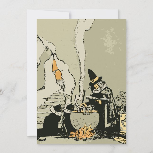 Vintage Halloween, Witch with Cauldron and Cats Invitation (Front)