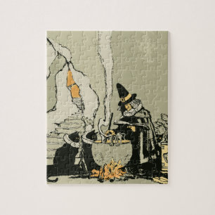 Vintage Halloween, Witch with Cauldron and Cats Jigsaw Puzzle