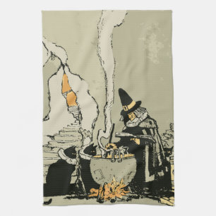 Vintage Halloween, Witch with Cauldron and Cats Kitchen Towel