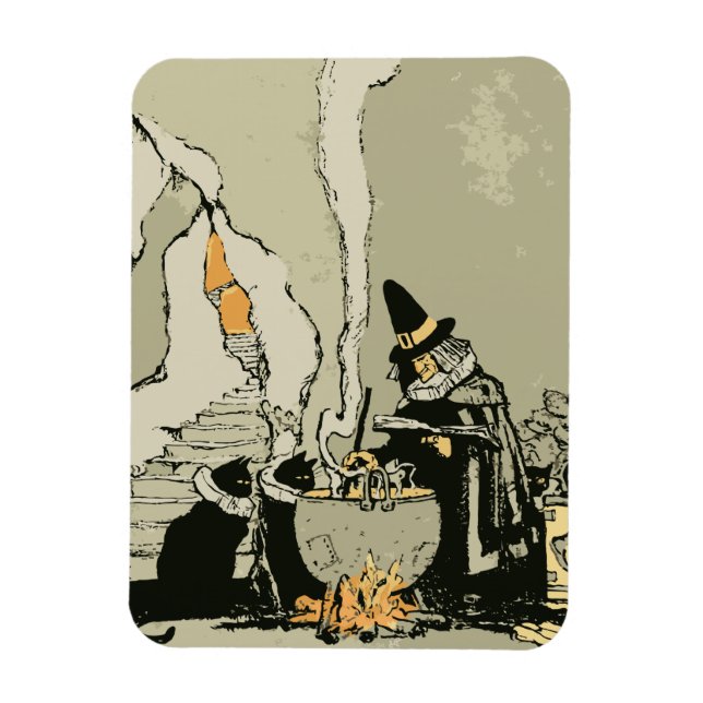 Vintage Halloween, Witch with Cauldron and Cats Magnet (Vertical)