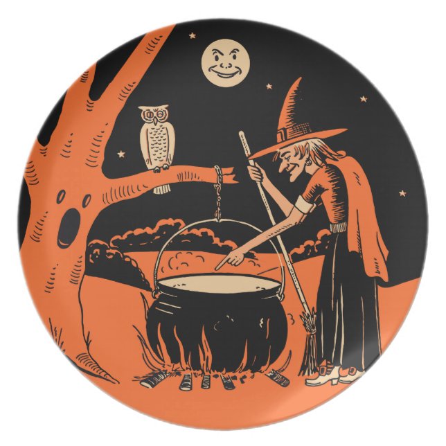 Vintage Halloween Witch with Cauldron Plate (Front)