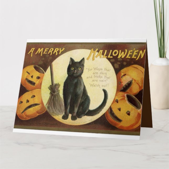 Vintage Halloween Witch's Black Cat & Pumpkins Card (Front)